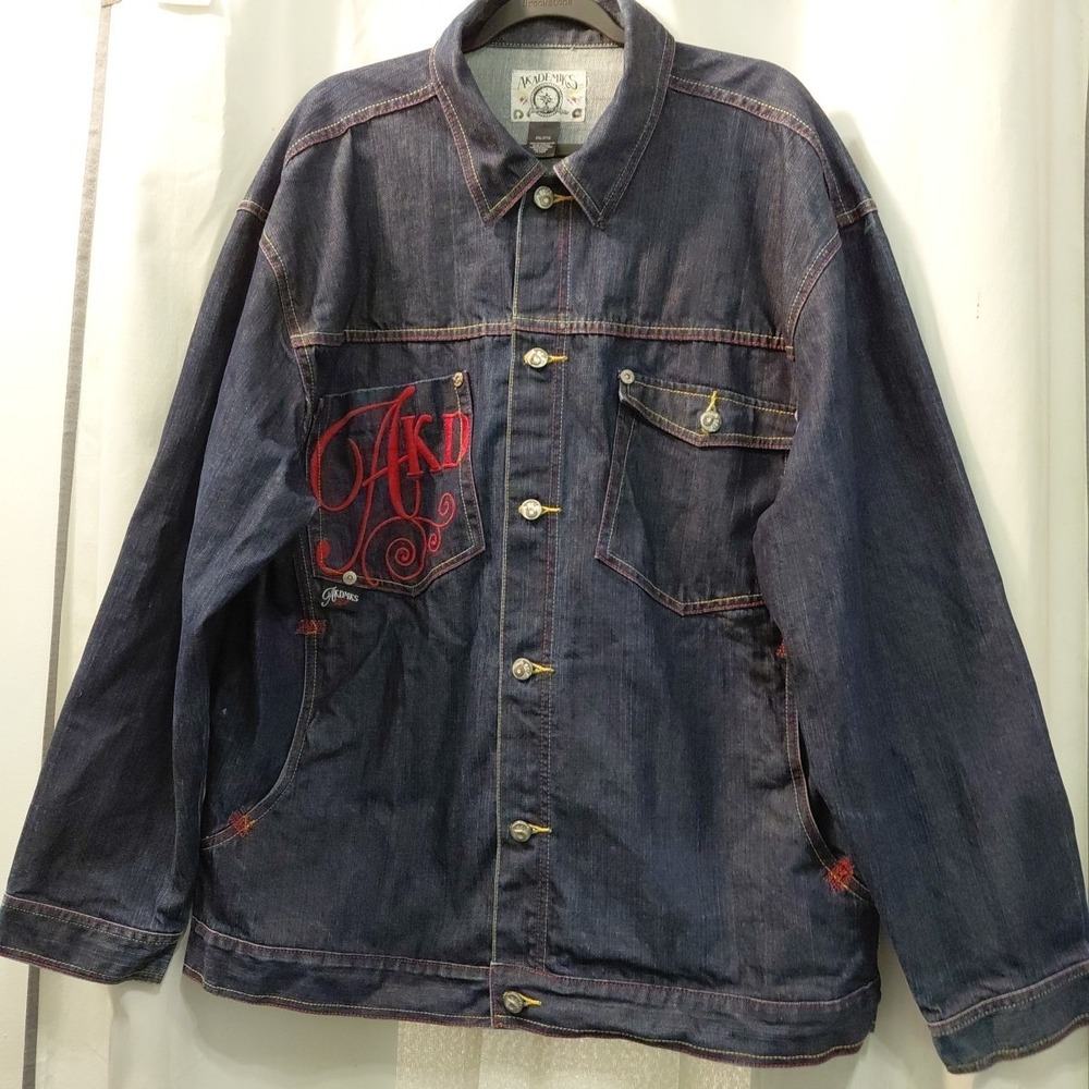 Vtg 90s AKADEMIKS MENS JEAN DENIM JACKET Sz 2X Hip-hop Rap Skater